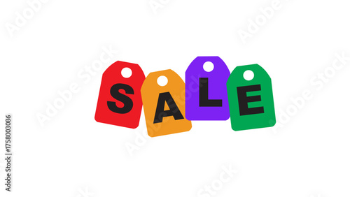 Price tags spell sale on white backdrop. Ideal for retail promotions, marketing materials, discount offers, and advertising designs.