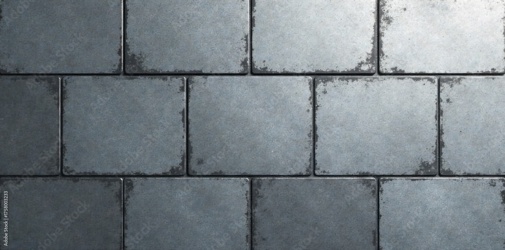 Fototapeta premium Industrial Metal Tiles with Brushed Texture and Subtle Grayscale Tones A close up perspective of industrial metal tiles with a brushed finish. The tiles are arranged in a clean, regular grid pattern.
