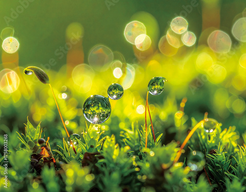 Close-up of vibrant green moss covered in sparkling water droplets with a beautiful bokeh background, capturing the essence of morning dew.