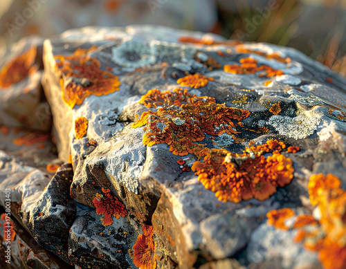 Close-up of colorful orange and grey lichen growing on a sunlit rock.