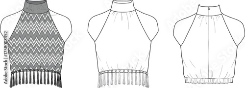 Trendy halter neck crop top flat vector illustration, sleeveless zigzag pattern design with tassel hem, stylish summer fashion apparel