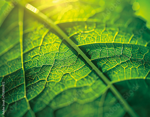 Close-up macro shot of a vibrant green leaf with intricate vein patterns illuminated by sunlight.
