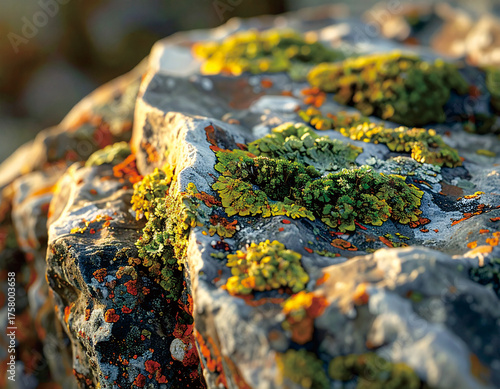 Close-up of lichen growing on a rock, showcasing textures and colors.
