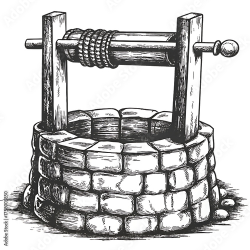 old well images using old engraving style isolated on white background, png, ai generated