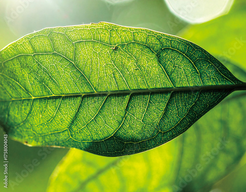 Close-up view of a vibrant green leaf, showcasing intricate veins and textures, illuminated by sunlight.