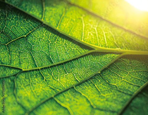 Close-up of a vibrant green leaf showing detailed veins and texture under bright sunlight.