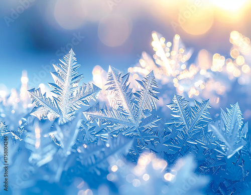 Intricate frost patterns form delicate ice crystals on a cold surface, illuminated by soft sunlight.