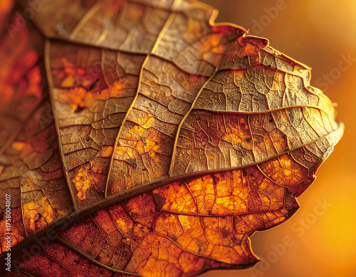 Extreme close-up macro shot of a dry autumn leaf showing its intricate veins and texture in warm golden light.