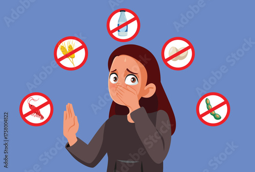 Teen Girl Saying No to All Kinds of Allergens Vector Illustration.  Young teen unable to eat a series of foods because of allergies and intolerance 

