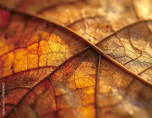 Close-up macro photograph of a dry autumn leaf showing intricate vein patterns illuminated by warm sunlight.