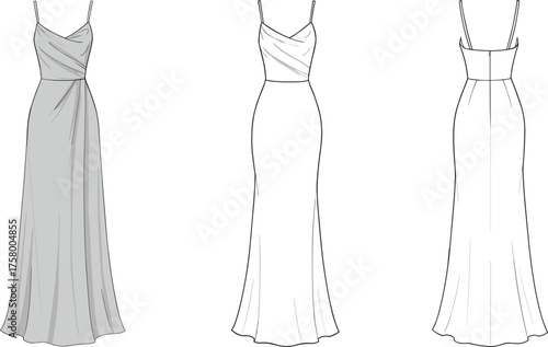 Elegant long evening gown flat vector illustration, draped cowl neck dress with spaghetti straps, slim fit silhouette fashion design