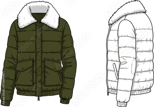 Winter bomber jacket flat vector illustration, warm padded outerwear with faux fur collar and pockets, casual cold weather fashion