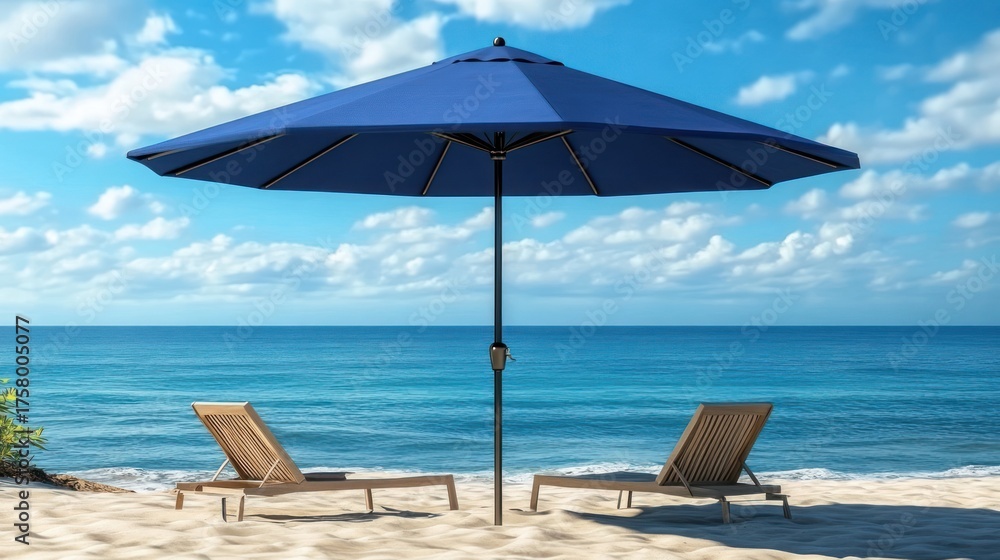 Obraz premium Beach scene with umbrella and chairs. Sunny day. Relaxation. Vacation