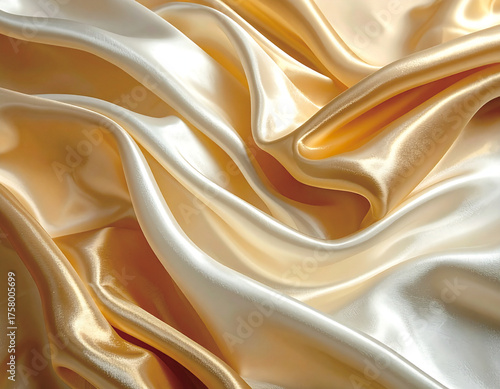 Close-up of luxurious golden and ivory satin fabric with elegant folds and highlights.