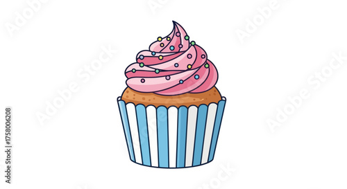 Delicious Pink Frosted Cupcake with Sprinkles in Striped Wrapper.