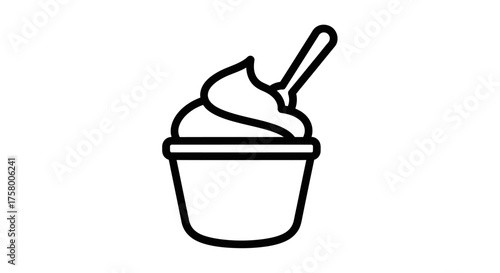 Simple Line Art Icon of Soft Serve Ice Cream in a Cup with Spoon.