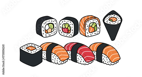 Assortment of Hand-Drawn Japanese Sushi Rolls and Nigiri Illustration.