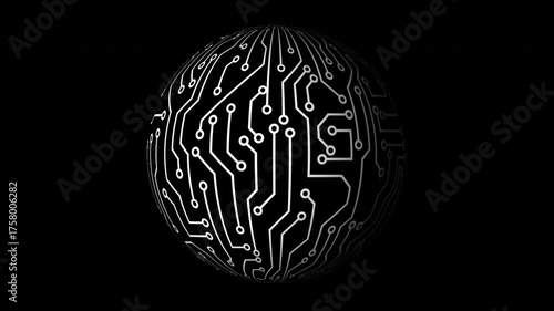 Explore a digital sphere showcasing intricate circuit patterns in a dark setting