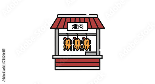 Traditional Asian Roast Chicken Food Stall with Hanging Poultry.