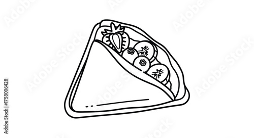 Line art drawing of a sweet crepe filled with fresh berries and fruit slices.