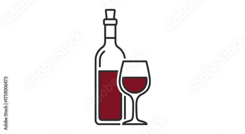 Vector Illustration of Red Wine Bottle and Glass.