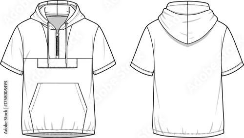 Short sleeve hoodie flat vector illustration, casual pullover top with front zipper, kangaroo pocket, drawstring hood