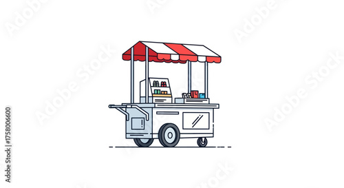 Illustrated Hot Dog Cart with Red and White Striped Awning.