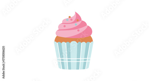 Delicious Pink Frosted Cupcake with Blue Striped Wrapper.
