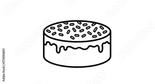 Simple line drawing of a round cake with frosting and sprinkles.