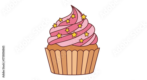 A delicious cupcake with pink frosting and star sprinkles.