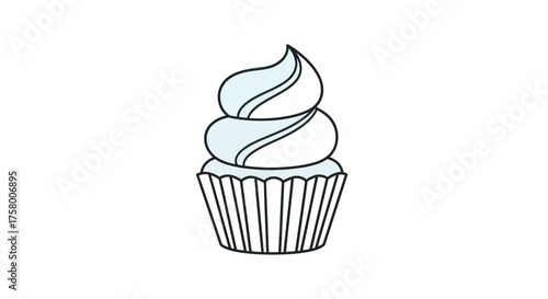 Simple Line Art Illustration of a Cupcake with Swirled Light Blue Frosting.