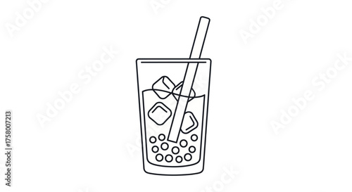 Simple Line Art Illustration of Bubble Tea in a Glass with Ice and a Straw.