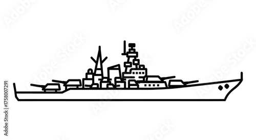 Line Art Illustration of a Battleship with Prominent Turrets and Superstructure.