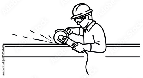 Industrial worker cutting metal pipe with angle grinder wearing safety gear.