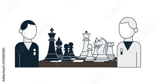 Two stylized players engaged in a strategic game of chess on a chessboard with black and white pieces.