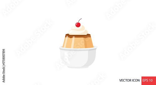 Classic crème caramel pudding dessert topped with whipped cream and a single red cherry.