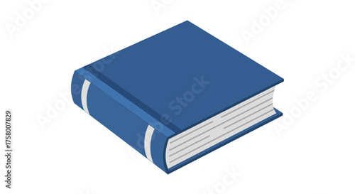A closed hardbound blue book with white pages and spine details presented in isometric view.