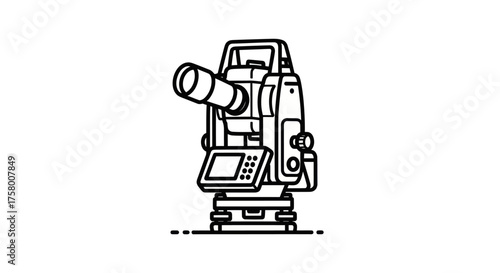 Detailed Black and White Illustration of a Total Station Surveying Instrument.