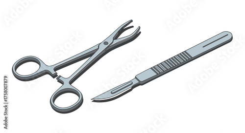 Surgical Scalpel and Forceps: Medical Instruments Illustration.