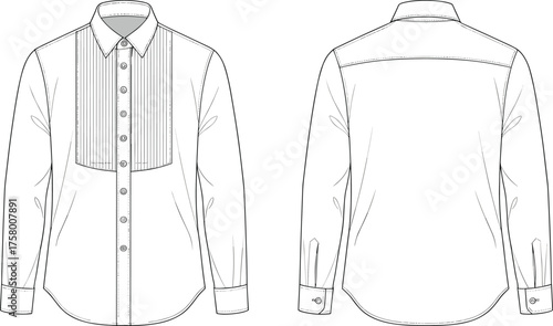 Long sleeve button-up shirt technical flat sketch front and back view with pleated bib detail and curved hem design