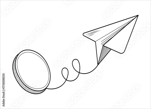 Hand Drawn Paper Airplane Attached to a Tethered Coin Symbolizing Financial Loss Risk and Investment Constraints