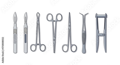 Set of Metallic Surgical Instruments for Medical Procedures.