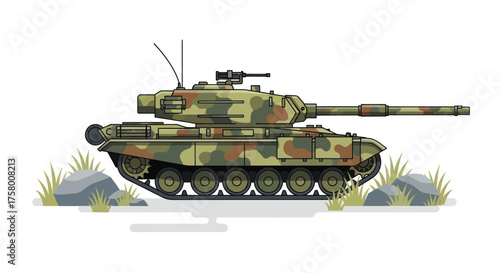 Heavy Military Tank with Camouflage Pattern and Long Cannon.