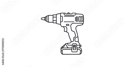 Detailed Line Art Illustration of a Cordless Power Drill.