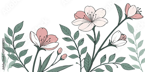 Delicate pastel blossoms and lush green foliage artfully arranged creating an elegant botanical composition perfect for nature inspired designs