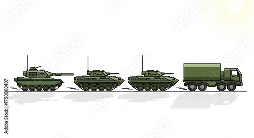 Pixelated Military Vehicles: Tanks and Truck in Olive Green.