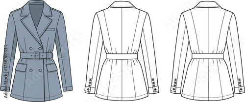 Women’s belted trench coat flat vector illustration, double breasted jacket design with lapel collar, waist belt, buttons and pockets