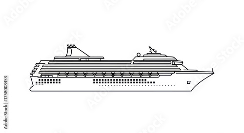 Detailed Line Drawing of a Large Passenger Cruise Ship.