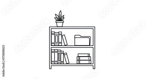 Simple Black and White Bookshelf with Plant and Books.