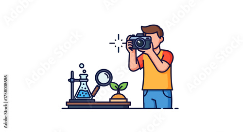 Man Photographing Plant and Science Experiment with Beaker.
